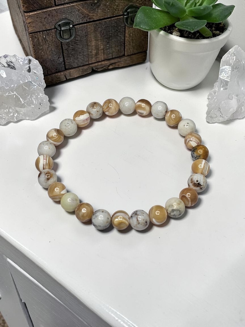 Summer Gurl Natural Cream & Tan Agate Beaded Stretch Bracelet